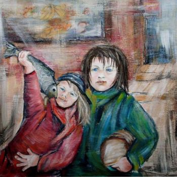 Painting titled "Kinder mit Fisch un…" by Maren Fiebig, Original Artwork, Oil