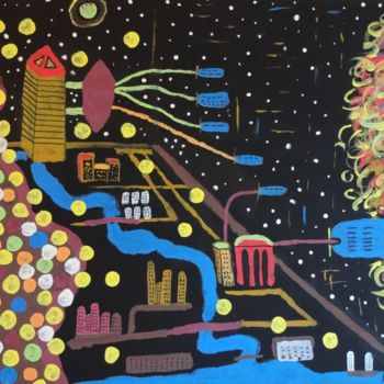 Peinture intitulée "spaceport-and-sun-o…" par Lou Baldin, Œuvre d'art originale