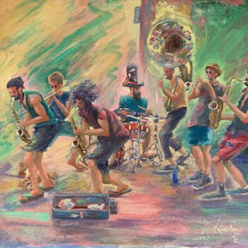 Painting titled "Musiciens de rue" by Loudmila Harscouet, Original Artwork, Oil Mounted on Wood Stretcher frame