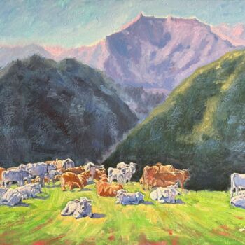 Painting titled "Midi dans les Pyrén…" by Loudmila Harscouet, Original Artwork, Oil Mounted on Wood Stretcher frame