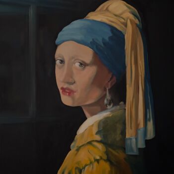 Painting titled "Lady with the puffe…" by Louie Louie, Original Artwork, Oil Mounted on Wood Stretcher frame