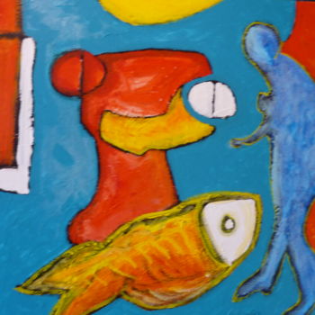 Schilderij getiteld "The Fish-hawker" door Louis Lambry, Origineel Kunstwerk, Acryl