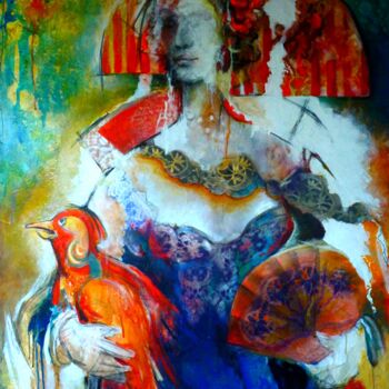 Painting titled "Infante à l'oiseau" by Louis Lopez, Original Artwork, Acrylic Mounted on Wood Stretcher frame