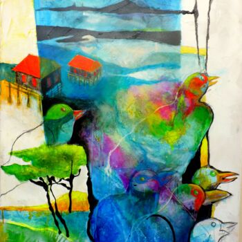 Картина под названием "L'île aux oiseaux" - Louis Lopez, Подлинное произведение искусства, Акрил Установлен на Деревянная ра…