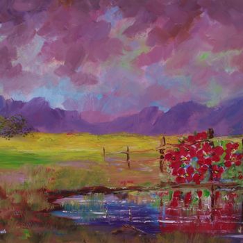 Pittura intitolato "Red Fence Flowers" da Louis Pretorius, Opera d'arte originale, Olio