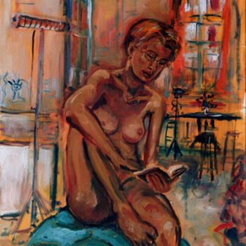 Painting titled "LA LECTRICE NUE BEA…" by Louis Runemberg, Original Artwork, Oil Mounted on Wood Stretcher frame