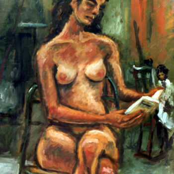 Painting titled "LECTRICE NUE" by Louis Runemberg, Original Artwork, Oil Mounted on Wood Stretcher frame