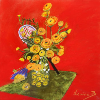 Disegno intitolato "fleurs-et-balles-ja…" da Louise Bressange, Opera d'arte originale, Pastello