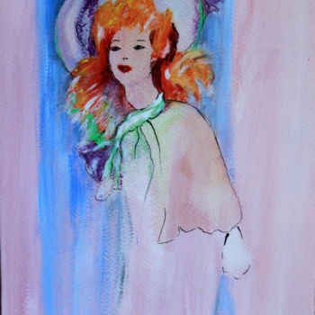 Schilderij getiteld "jeune-fille-au-chap…" door Louise Bressange, Origineel Kunstwerk, Aquarel