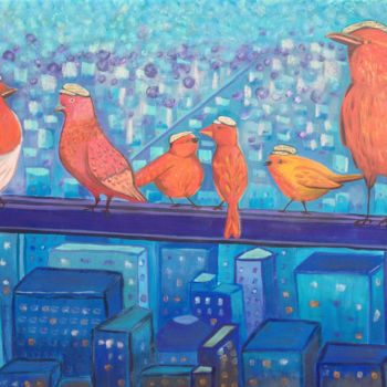 Картина под названием "Les  oiseaux citadi…" - Loula Le Mevel, Подлинное произведение искусства, Акрил