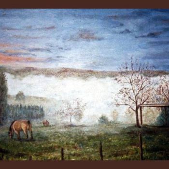 Painting titled "Chevaux et brouilla…" by Lou Streel, Original Artwork, Oil