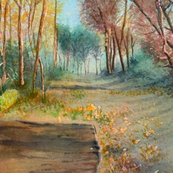 Painting titled "chemin forestier" by Stephane Louveau, Original Artwork, Watercolor