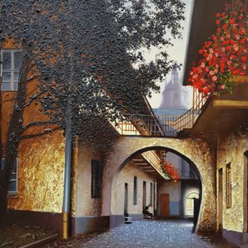 Painting titled ""Krakow yard"" by Jacek Łoziński, Original Artwork, Acrylic