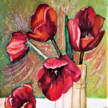 Schilderij getiteld "Tulipes rouge" door Luana Béatrice Lazar, Origineel Kunstwerk, Aquarel