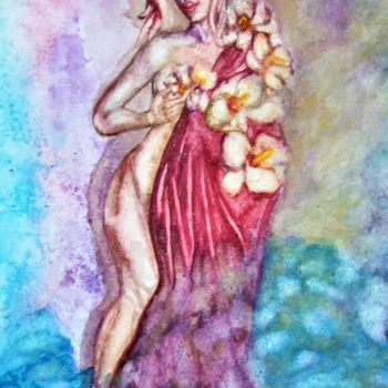 Peinture intitulée "Dame aux orchidées" par Luana Béatrice Lazar, Œuvre d'art originale, Aquarelle