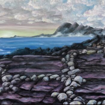 Painting titled "Sunrise at Elgol Be…" by Luna Smith, Original Artwork, Oil Mounted on Wood Stretcher frame