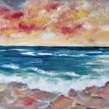 Painting titled "Viking Sunset" by Luna Smith, Original Artwork, Oil Mounted on Wood Stretcher frame