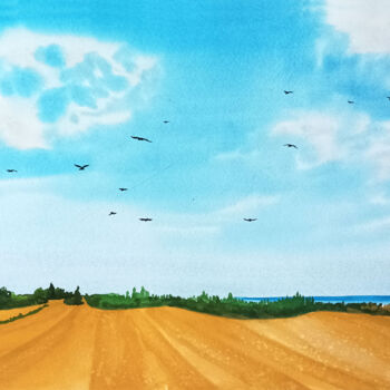 Painting titled "Golden Field" by Lubna Khan, Original Artwork, Watercolor