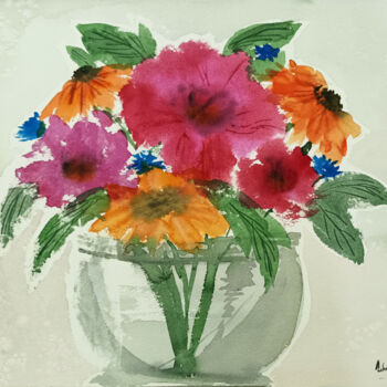 Painting titled "Blooms in a vase" by Lubna Khan, Original Artwork, Watercolor