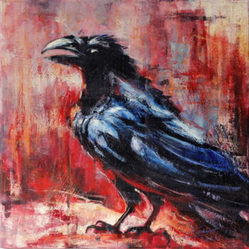 Schilderij getiteld "Red crow" door Ľubomír Korenko, Origineel Kunstwerk, Acryl Gemonteerd op Frame voor houten brancard