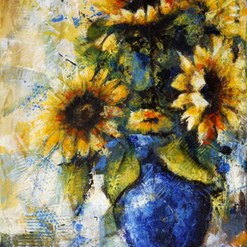 Painting titled "Sunflowers" by Ľubomír Korenko, Original Artwork, Acrylic Mounted on Wood Stretcher frame