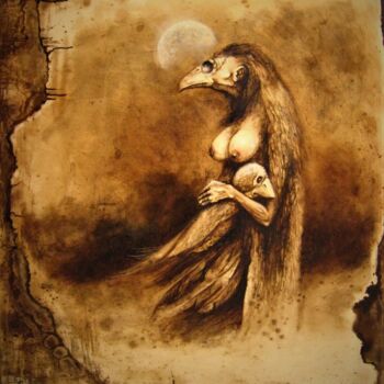 Malerei mit dem Titel "Raven mother" von Ľubomír Sinčák, Original-Kunstwerk, Acryl Auf Keilrahmen aus Holz montiert