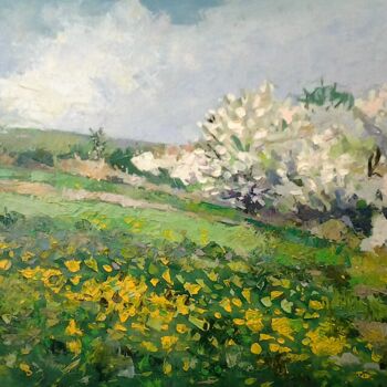 Painting titled "Flowering wild cher…" by Lubomir Tkacik, Original Artwork, Oil