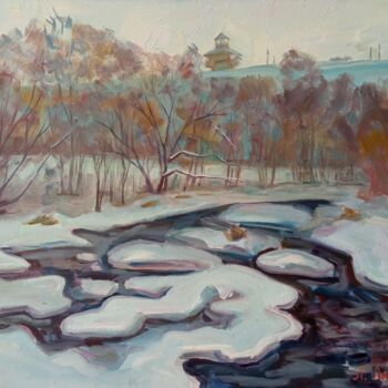「L'hiver au barrage/…」というタイトルの絵画 Любовь Лазаковичによって, オリジナルのアートワーク, オイル 段ボールにマウント