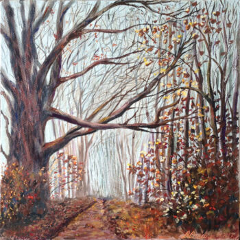 Peinture intitulée "Forest in a misty h…" par Liubov Samoilova, Œuvre d'art originale, Huile Monté sur Autre panneau rigide