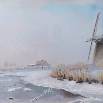Painting titled "Dutch mills - winte…" by Liubov Samoilova, Original Artwork, Pastel