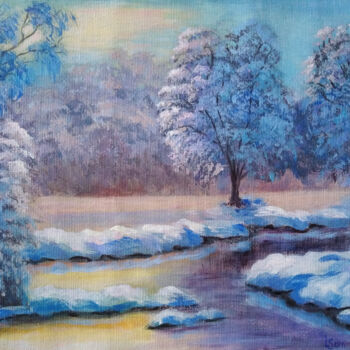 Pittura intitolato "Winter dawn in the…" da Liubov Samoilova, Opera d'arte originale, Acrilico