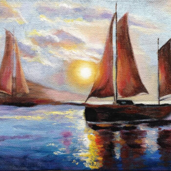 Pittura intitolato "Sailboats at sunset" da Liubov Samoilova, Opera d'arte originale, Olio