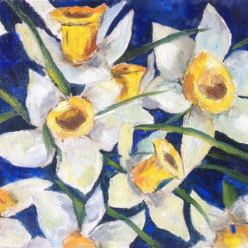 Pittura intitolato "Early daffodils on…" da Liubov Samoilova, Opera d'arte originale, Olio