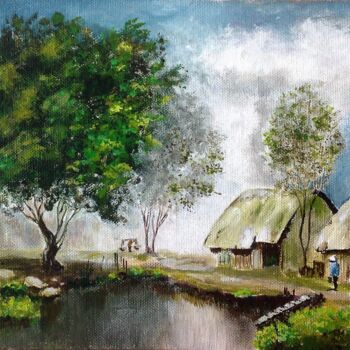 Painting titled "A village in Asia" by Liubov Samoilova, Original Artwork, Acrylic Mounted on Other rigid panel