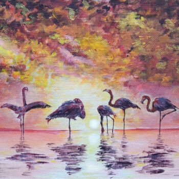 Painting titled "African flamingos a…" by Liubov Samoilova, Original Artwork, Acrylic Mounted on Other rigid panel