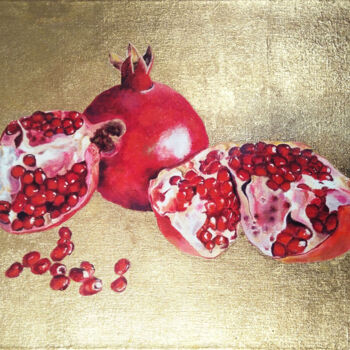 Painting titled "Pomegranate fruit o…" by Liubov Samoilova, Original Artwork, Oil Mounted on Wood Stretcher frame
