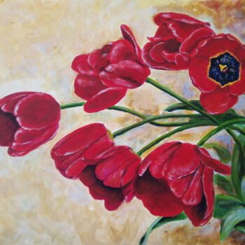Картина под названием "Spring red tulips" - Любовь Самойлова, Подлинное произведение искусства, Акрил