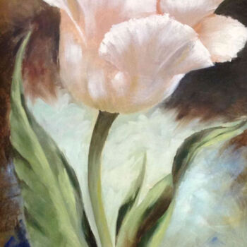 Painting titled "Big pale pink tulip" by Liubov Samoilova, Original Artwork, Oil Mounted on Wood Stretcher frame