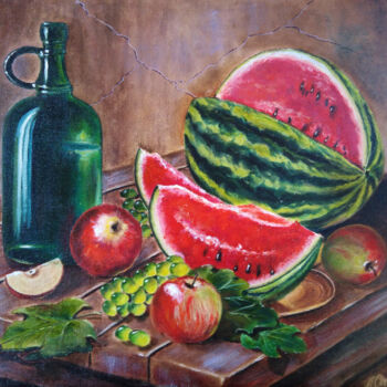 Painting titled "Watermelon, apples…" by Liubov Samoilova, Original Artwork, Oil Mounted on Other rigid panel