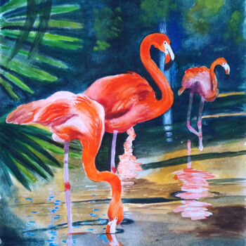 Schilderij getiteld "Flamingos" door Liubov Samoilova, Origineel Kunstwerk, Aquarel
