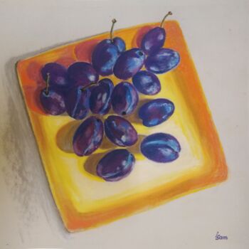 Painting titled "Blue plums on a yel…" by Liubov Samoilova, Original Artwork, Pastel