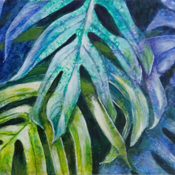 Painting titled "Monster green leaves" by Liubov Samoilova, Original Artwork, Acrylic Mounted on Wood Stretcher frame