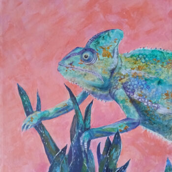 Ζωγραφική με τίτλο "Green chameleon on…" από Любовь Самойлова, Αυθεντικά έργα τέχνης, Ακρυλικό Τοποθετήθηκε στο Ξύλινο φορεί…