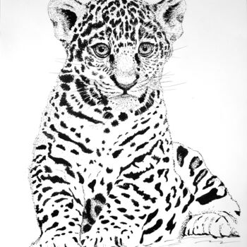 Painting titled "Cute jaguar cub" by Liubov Samoilova, Original Artwork, Ink