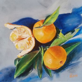 Painting titled "Three tangerines on…" by Liubov Samoilova, Original Artwork, Pastel