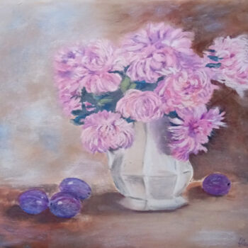 Painting titled "Pink chrysanthemums" by Liubov Samoilova, Original Artwork, Pastel