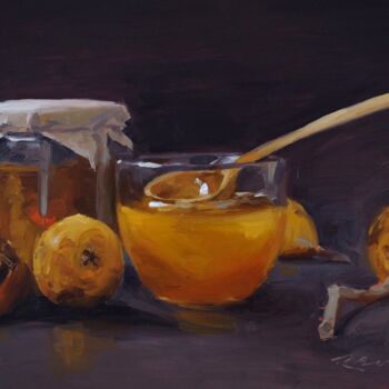 Painting titled "Japanese plum jam" by Luc Bernay, Original Artwork, Oil Mounted on Wood Panel