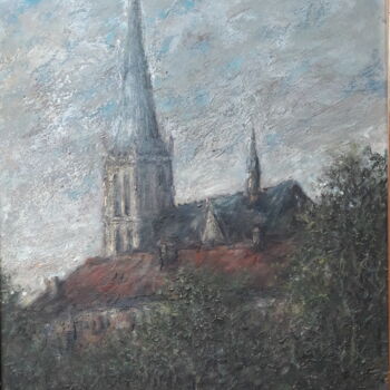 Ζωγραφική με τίτλο "Zicht op kerk van A…" από Luc Devondel, Αυθεντικά έργα τέχνης, Λάδι