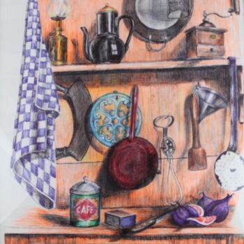Pittura intitolato "la cuisine de Jeann…" da Luc Mackel, Opera d'arte originale, Biro Montato su Pannello di legno