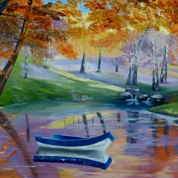 Painting titled "Barque en automne" by Luc Manoury, Original Artwork, Oil